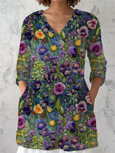 Frauen Alzheimer Bewusstsein Lila Blume Bedruckt V-Ausschnitt Baumwolle Leinen Langarm Hemd